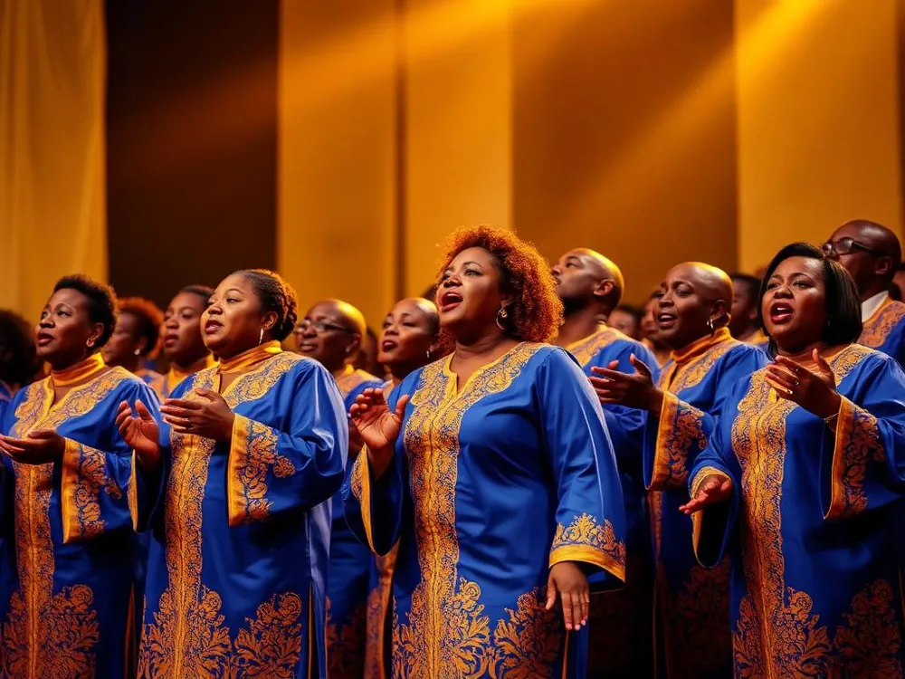 Gospel choir in blue and gold robes singing on stage