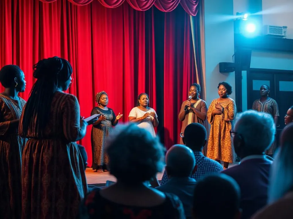 Drama group performing a gospel stage play for an audience