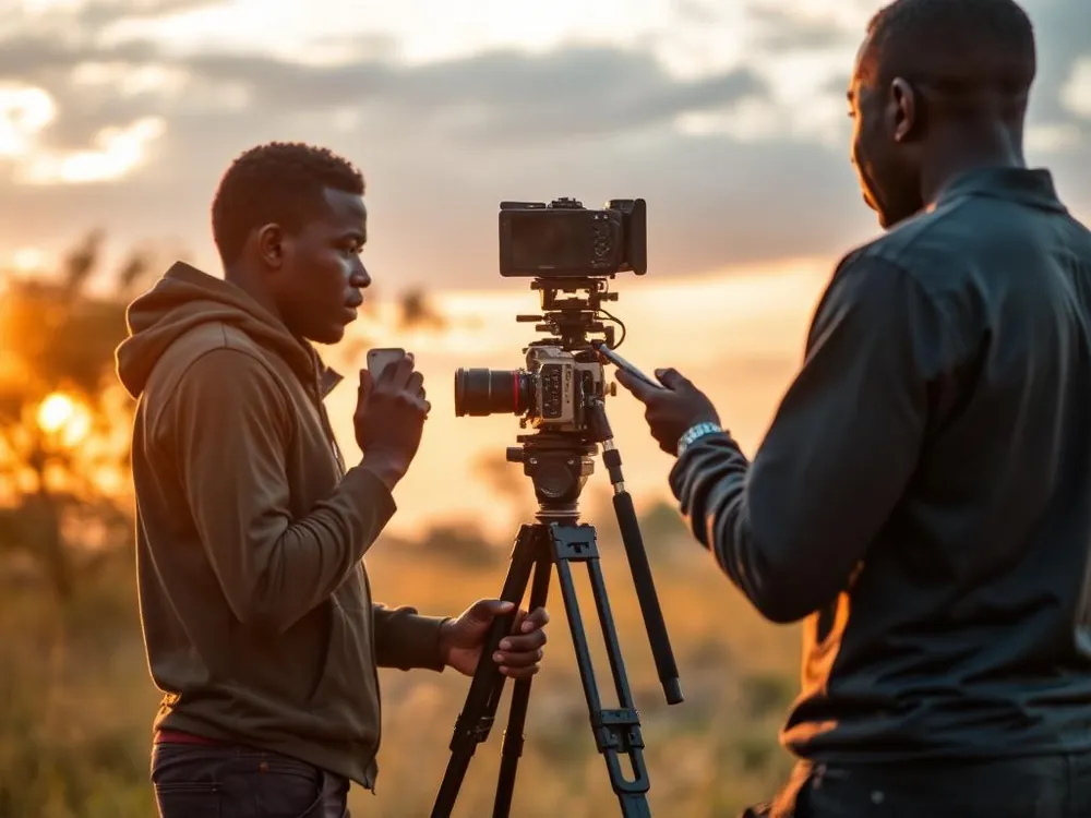 Film crew shooting a Christian short film at sunset
