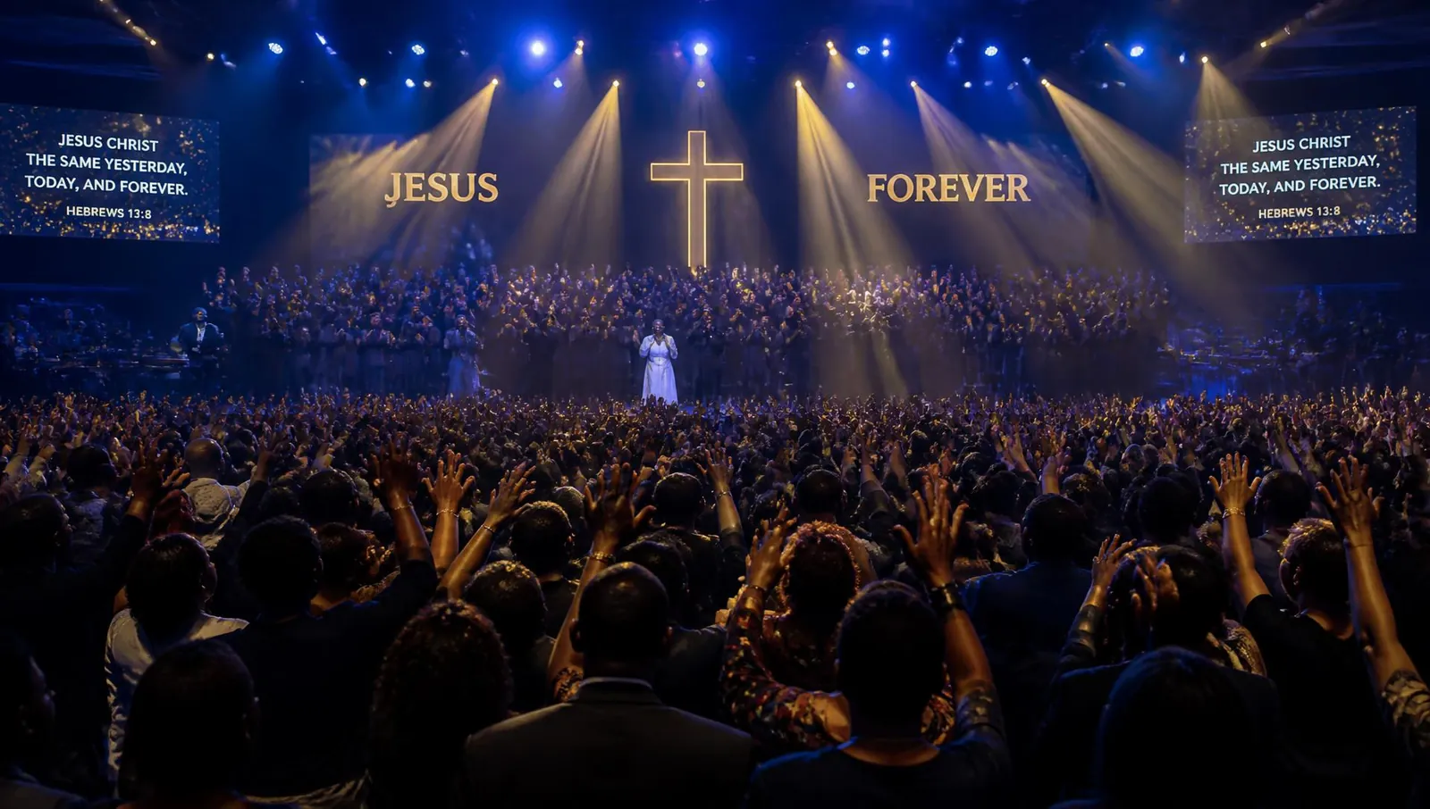 Congregation worshipping with hands raised at a gospel gathering
